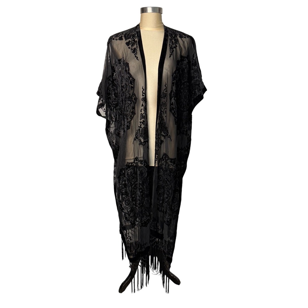 Torrid Black Velvet Burnout Fringe Kimono Cardigan Size 00 Duster Boho Goth